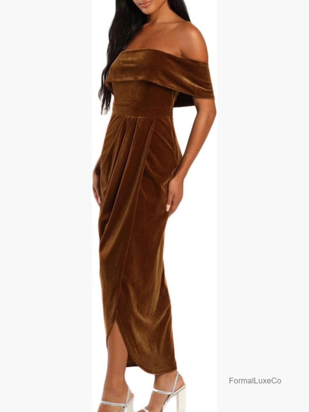 Elegant Velvet Ruched Bodycon Wrap Midi Dress with Slit